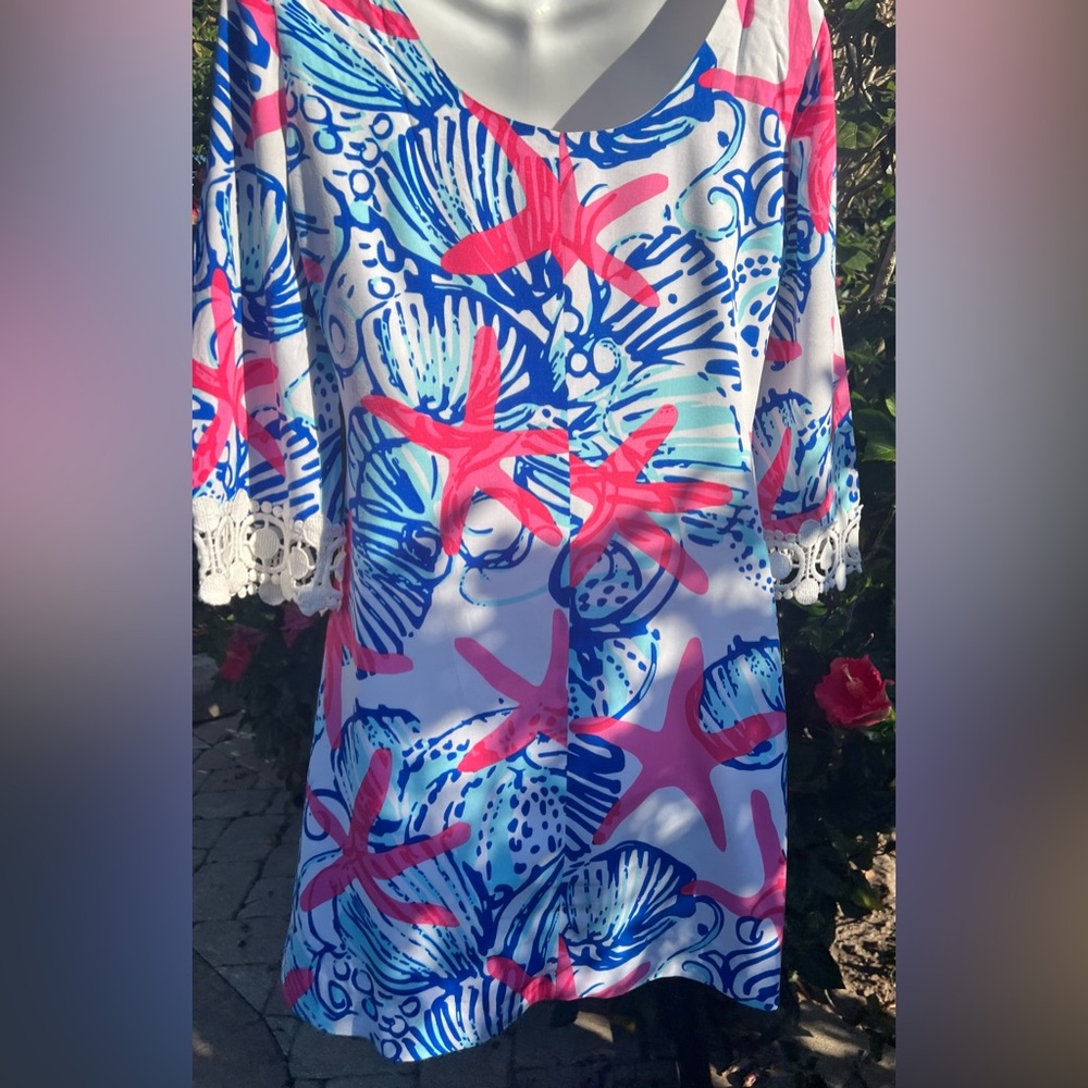 Lilly Pulitzer Starfish Harbor Tunic Dress XSmall Blue Pink Lace 3/4 sleeves